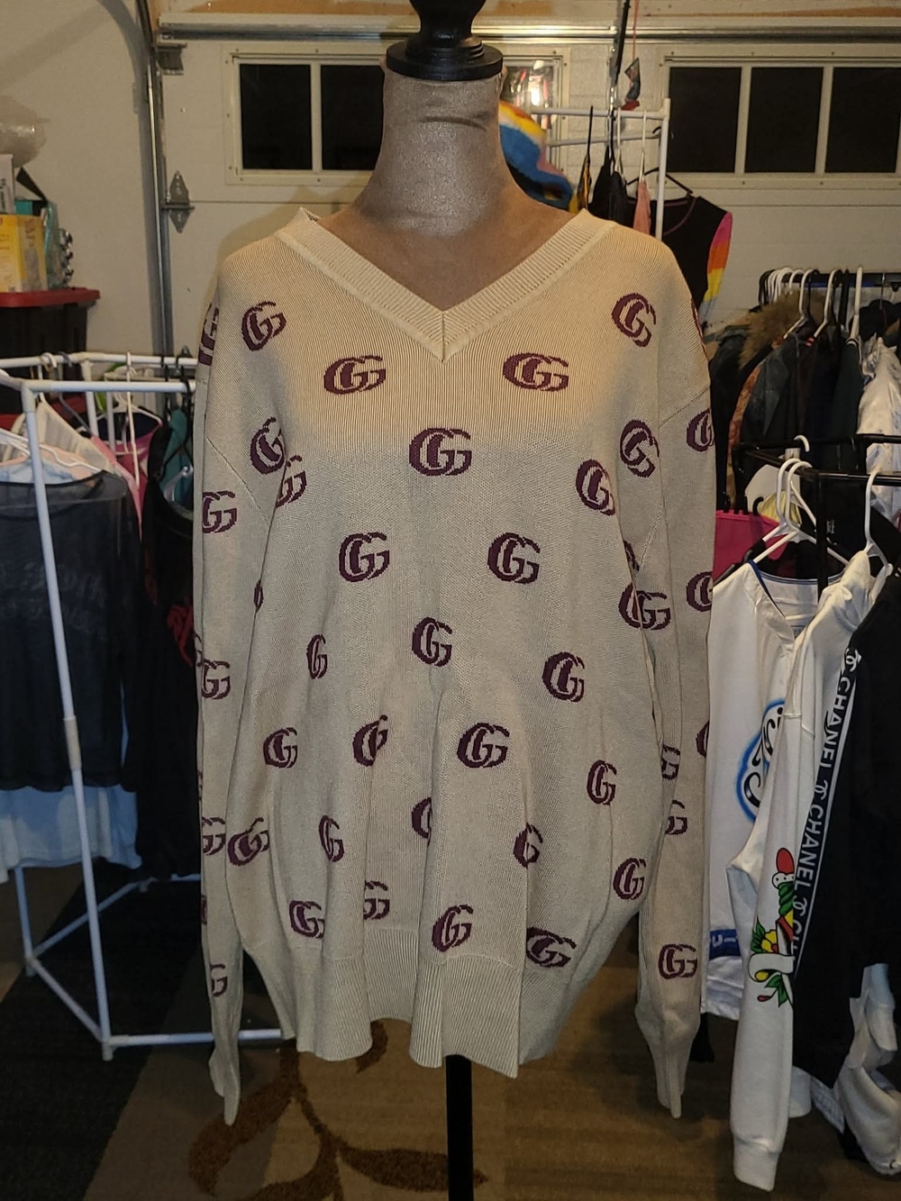 Gucci All-Over GG Monogram Jacquard Cotton V-Neck Sweater XL